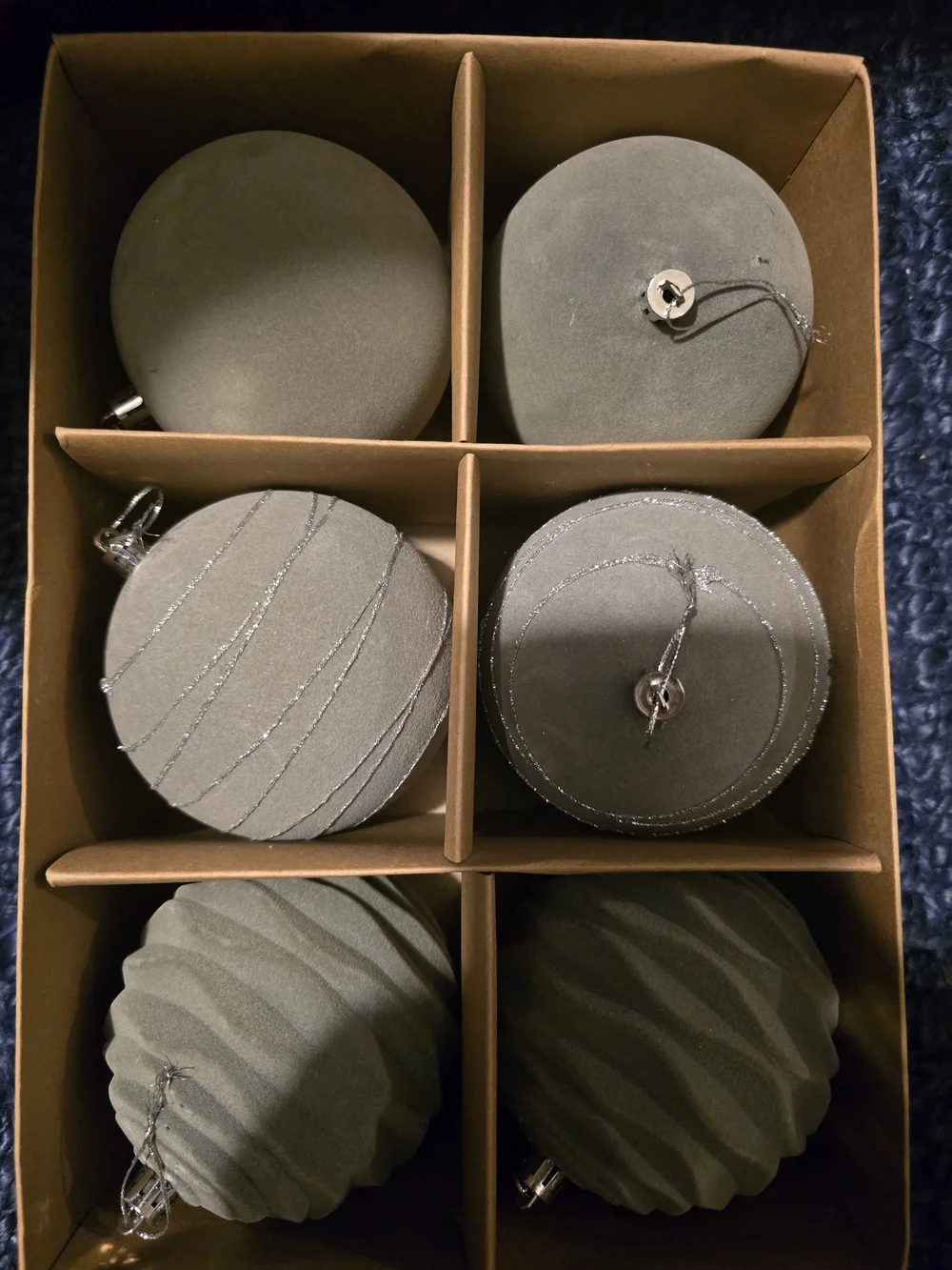 Gray Velvet Holiday Ornament Set - 6-Pack. NWT.